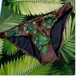 Beautiful brown bikini bottom with sequins in brilliant green and blue